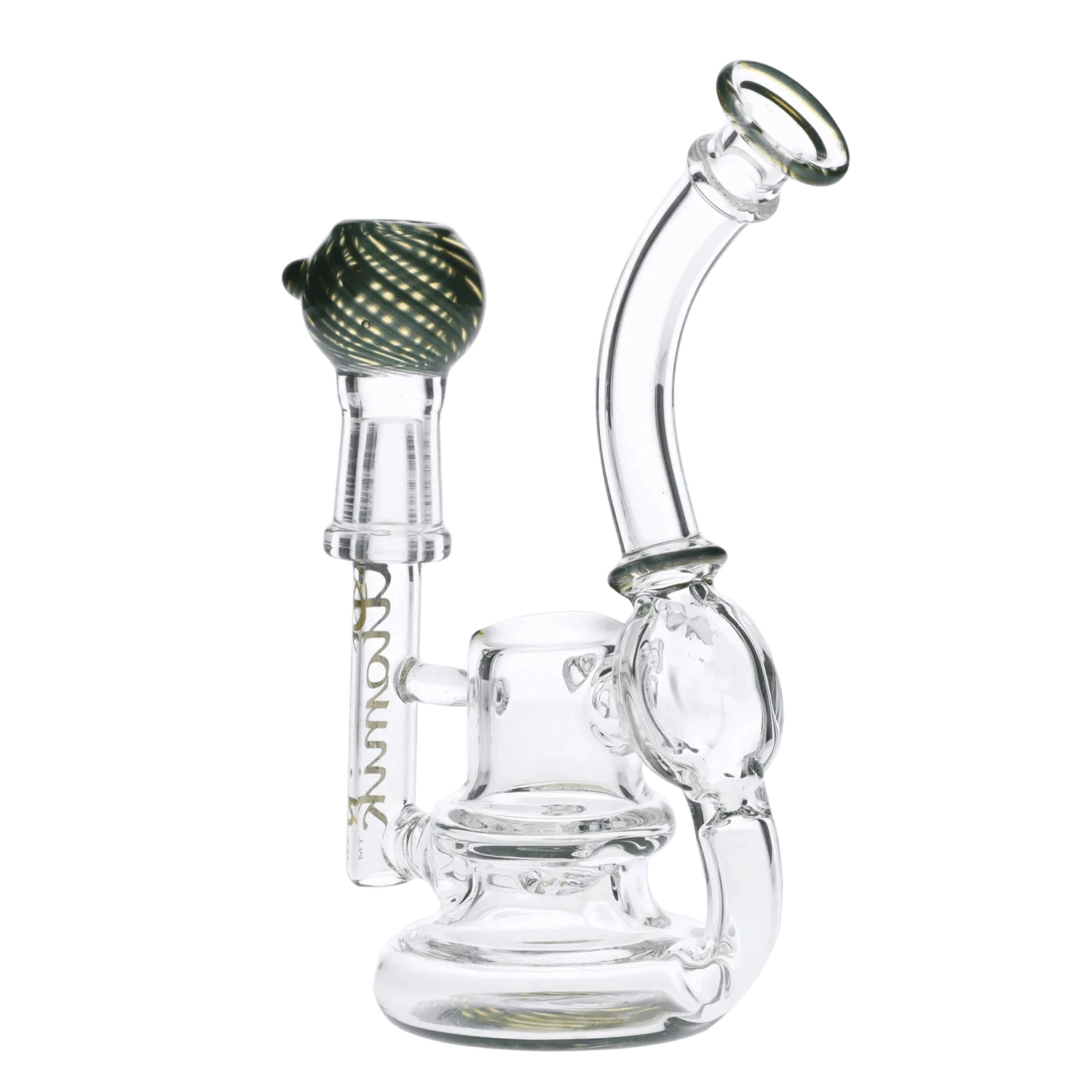 Front view of the Atomik Siena Recycler Dab Rig, showcasing its clear glass construction and intricate recycler design.