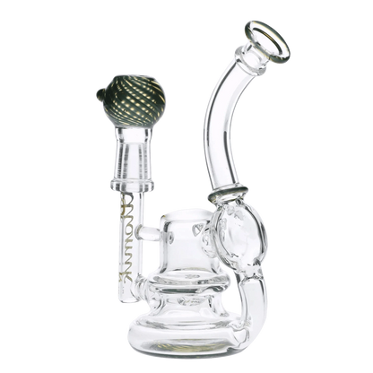 Front view of the Atomik Siena Recycler Dab Rig, showcasing its clear glass construction and intricate recycler design.