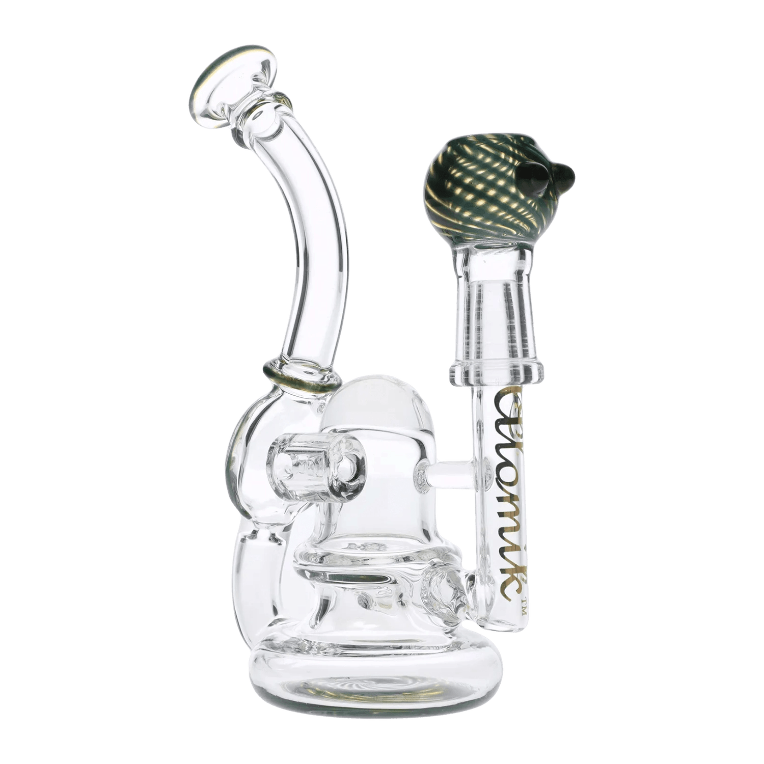 The Atomik Siena Recycler Dab Rig is displayed in a studio shot, showcasing its clear glass construction and intricate recycler design.