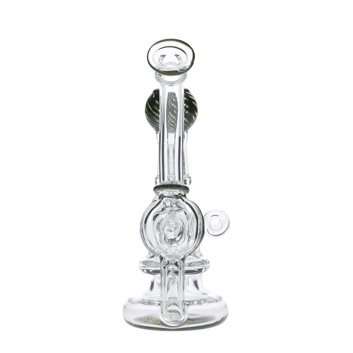 A front view of the Atomik Siena Recycler Dab Rig, showcasing its clear glass construction and unique recycler design.
