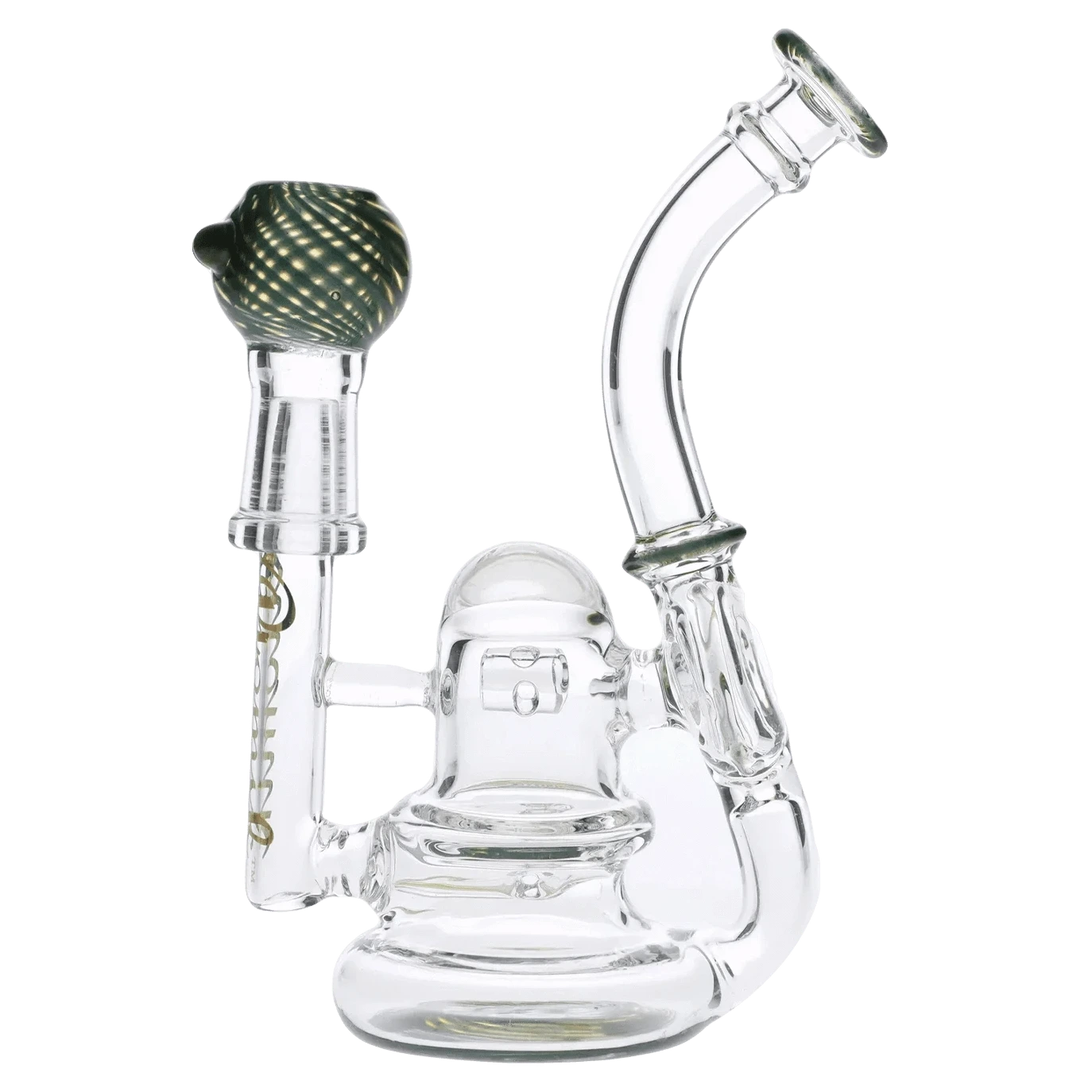 Front view of the Atomik Siena Recycler Dab Rig, featuring clear glass and a complex recycler design.