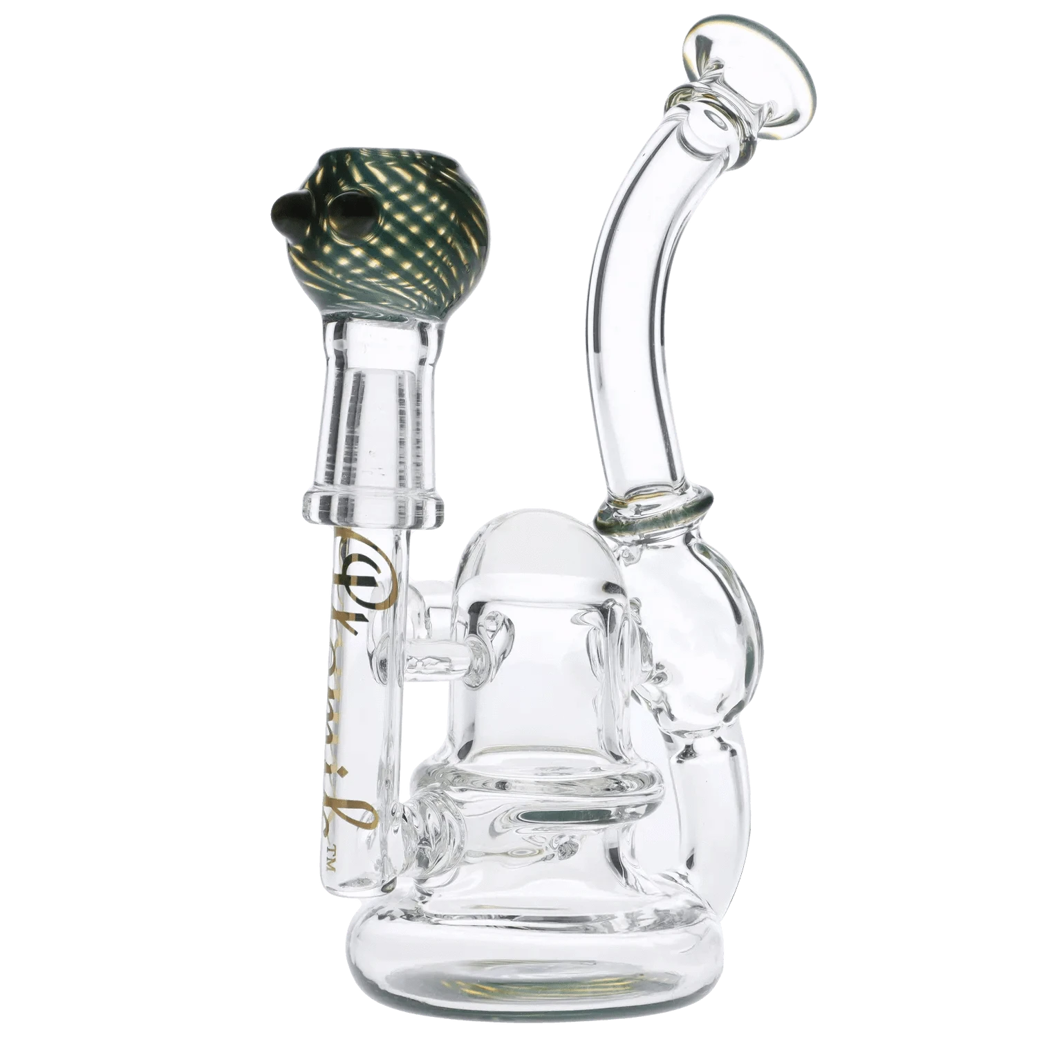 A three-quarter view of the Atomik Siena Recycler Dab Rig, showcasing its clear glass construction and intricate recycler design.