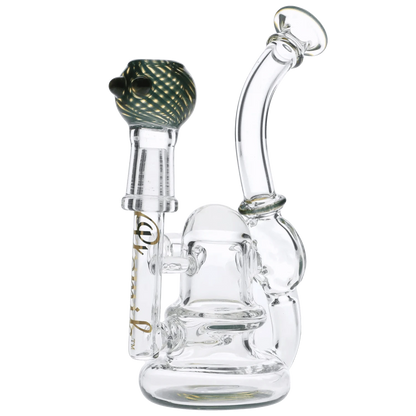 A three-quarter view of the Atomik Siena Recycler Dab Rig, showcasing its clear glass construction and intricate recycler design.