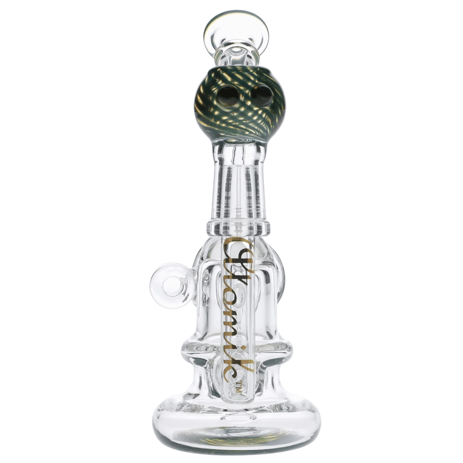 Front view of the Atomik Siena Recycler Dab Rig, a clear glass piece with intricate curves and a visible joint.