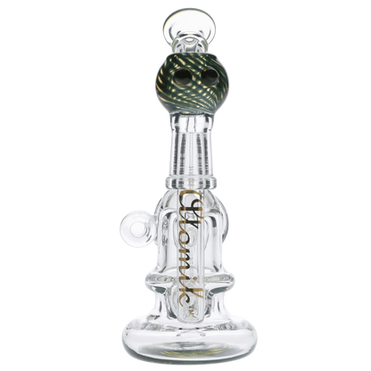 Front view of the Atomik Siena Recycler Dab Rig, a clear glass piece with intricate curves and a visible joint.