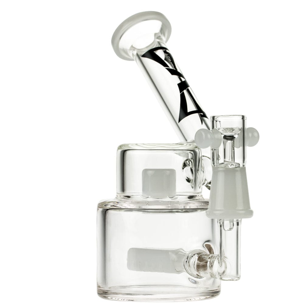 A three-quarter view of the 6-inch white Evolution Morning Glory Dab Rig, showcasing its clear glass dome and banger attachment.