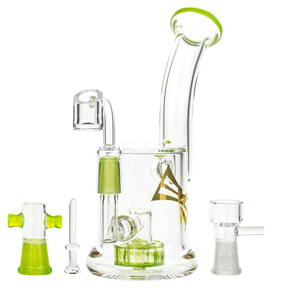 A three-quarter view of the 8-inch Evolution Diamond Dust Dab Rig in apple green, showcasing the joints and dome accessory alongside the rig.