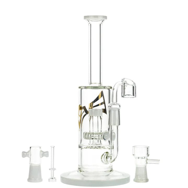 A front view of the 9.5-inch Evolution Super Cell Dual Use Water Pipe with a dome bowl and banger, showcasing its clear glass construction.
