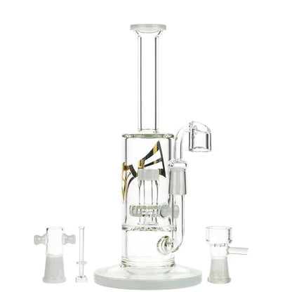 A front view of the 9.5-inch Evolution Super Cell Dual Use Water Pipe with a dome bowl and banger, showcasing its clear glass construction.