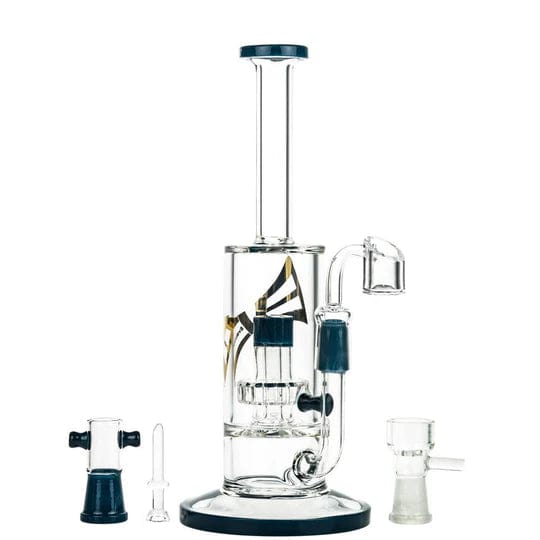 Front view of the 9.5-inch Evolution Super Cell Dual Use Water Pipe with a dark blue accent, displayed with its dome bowl and banger.
