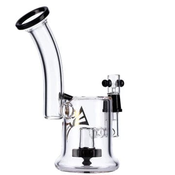 Front view of the 8-inch Evolution Diamond Dust Dab Rig with joints and dome, showcasing its clear white glass construction.
