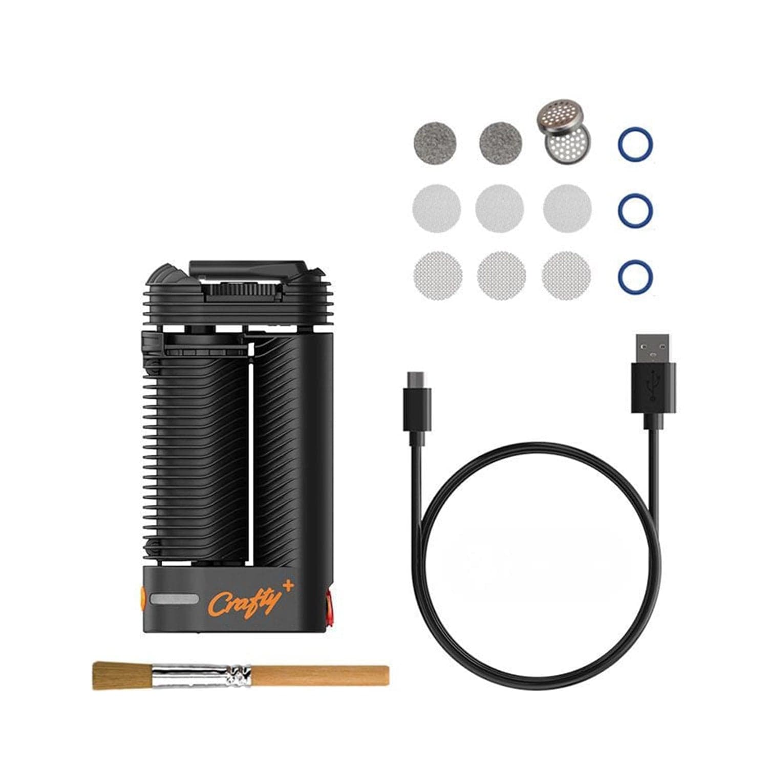A front view of the Storz & Bickle Crafty Plus Portable Vaporizer with included mesh filters and a USB charging cable.