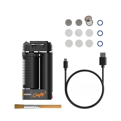A front view of the Storz & Bickle Crafty Plus Portable Vaporizer with included mesh filters and a USB charging cable.