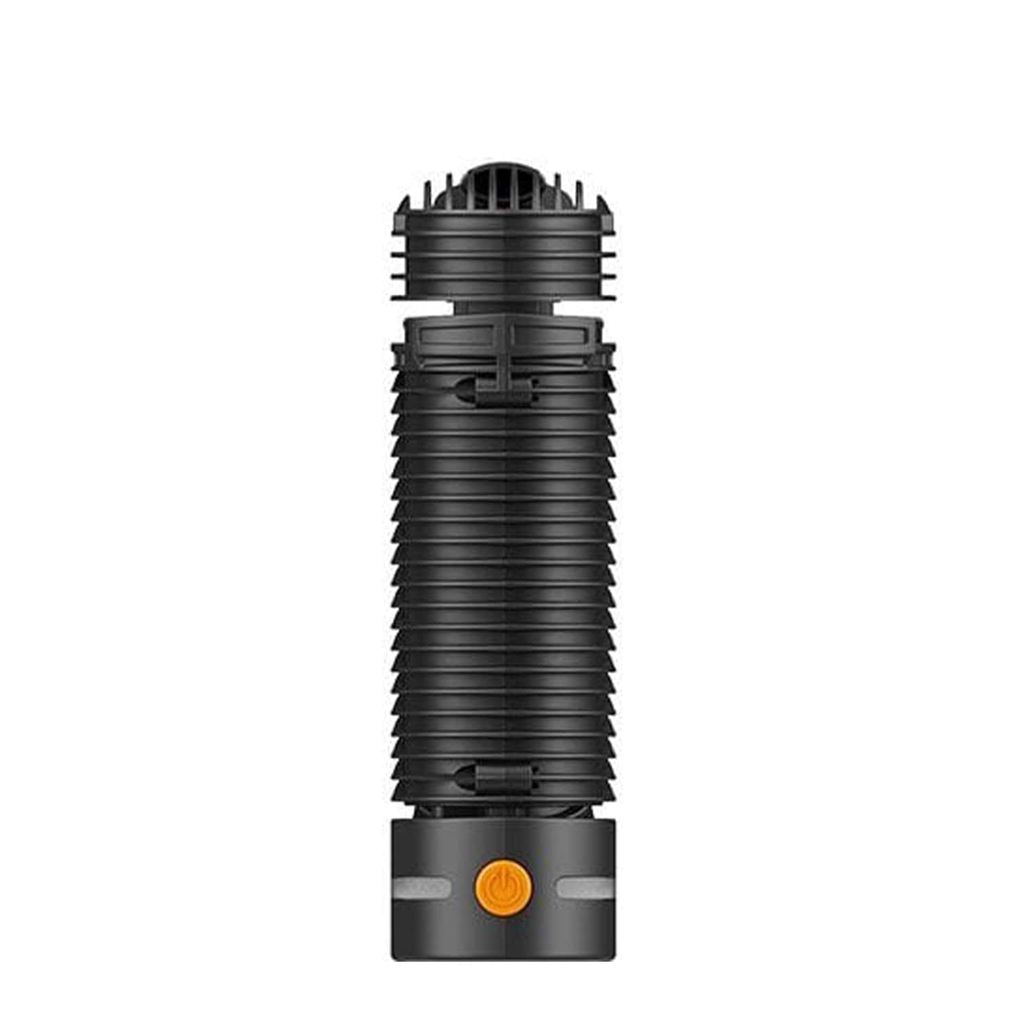 Front view of the Storz & Bickle Crafty Plus Portable Vaporizer, a black, cylindrical device with ribbed detailing.