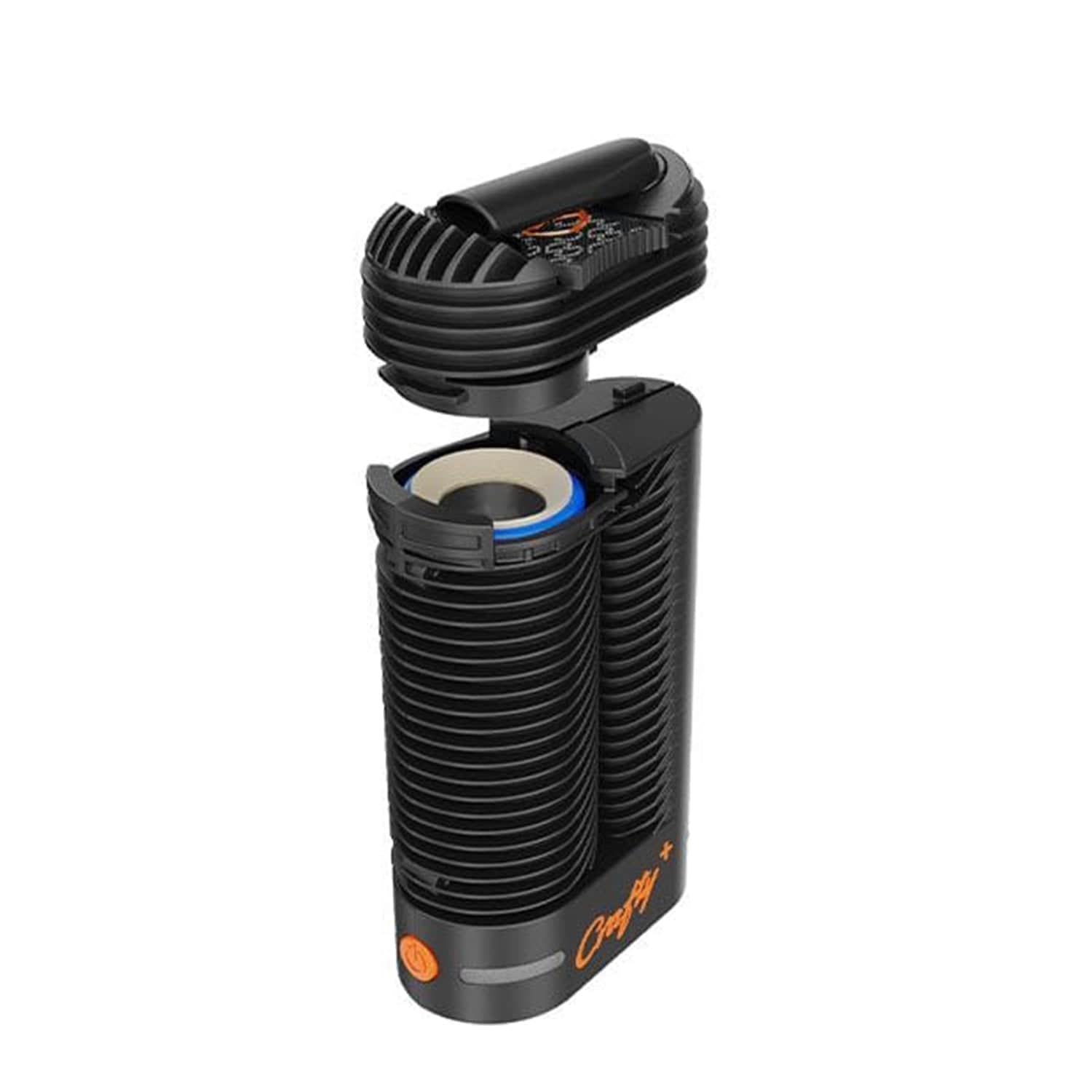 Front view of the Storz & Bickle Crafty Plus Portable Vaporizer, showing its compact, black design against a white background.
