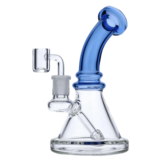 A studio shot of the 7-inch Valiant Bent Neck Mini Water Pipe in blue, angled to showcase its curved neck and simple design.