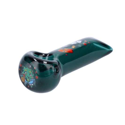 A side view of the Wido Pineapple Express Spoon Pipe in transparent teal, showcasing its curved design.