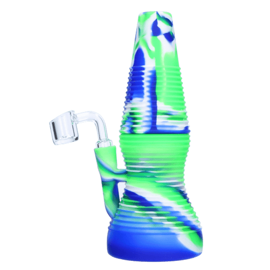 A front view of the Valiant Silicone Dab Rig – Blue Neon & White, showing its patterned silicone body and visible joint.