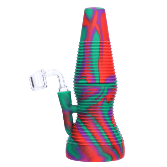 A front view of the Valiant Silicone Dab Rig – Purple Green & Orange, showcasing its textured, colorful silicone body.