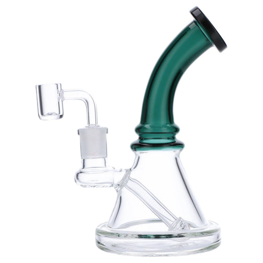 A slightly angled view of the 7-inch Valiant Bent Neck Mini Water Pipe in teal glass, showing its curved neck and clear base.