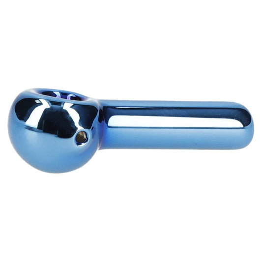 A side view of the 3-inch Famous Design Sapphire Fumed Spoon Pipe in blue glass, showing its curved shape.