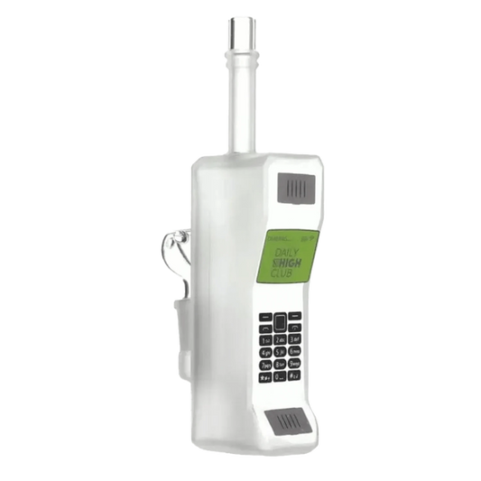 Front view of the DHC Originals 80s Phone Water Pipe, resembling a vintage telephone with a clear glass tube extending from the handset.