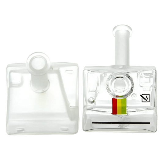 A front view of the DHC Originals Polaroid Camera Water Pipe, showcasing its clear glass construction and unique camera-inspired shape.