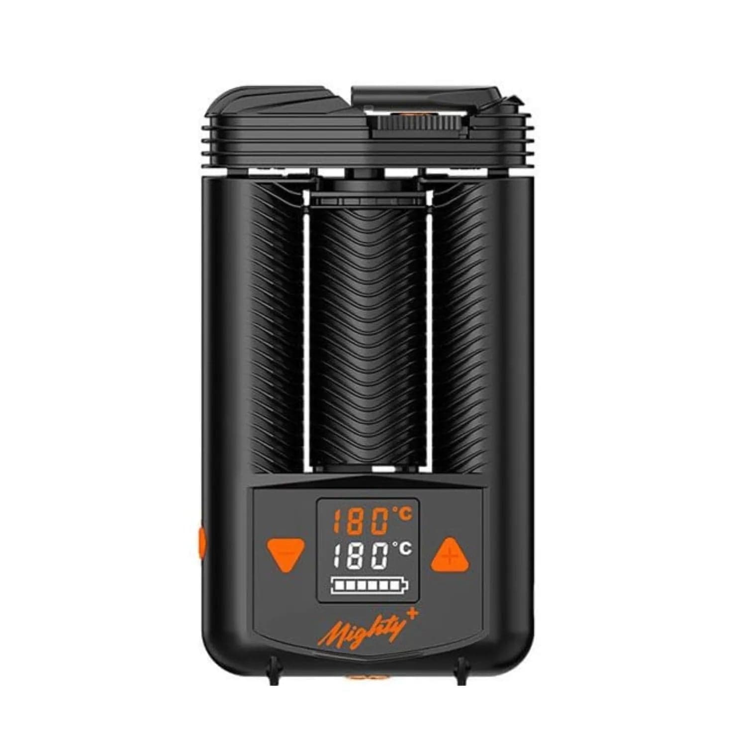 Front view of the Storz & Bickle Mighty+ Portable Vaporizer, displaying a digital readout on its black casing.