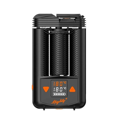 Front view of the Storz & Bickle Mighty+ Portable Vaporizer, displaying a digital readout on its black casing.
