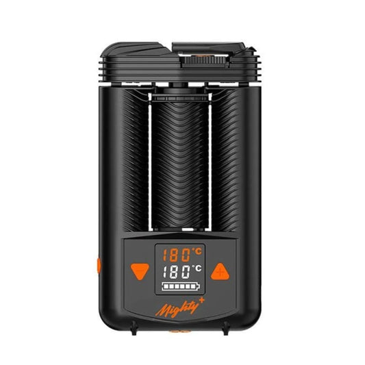 Front view of the Storz & Bickle Mighty+ Portable Vaporizer, displaying a digital readout on its black casing.