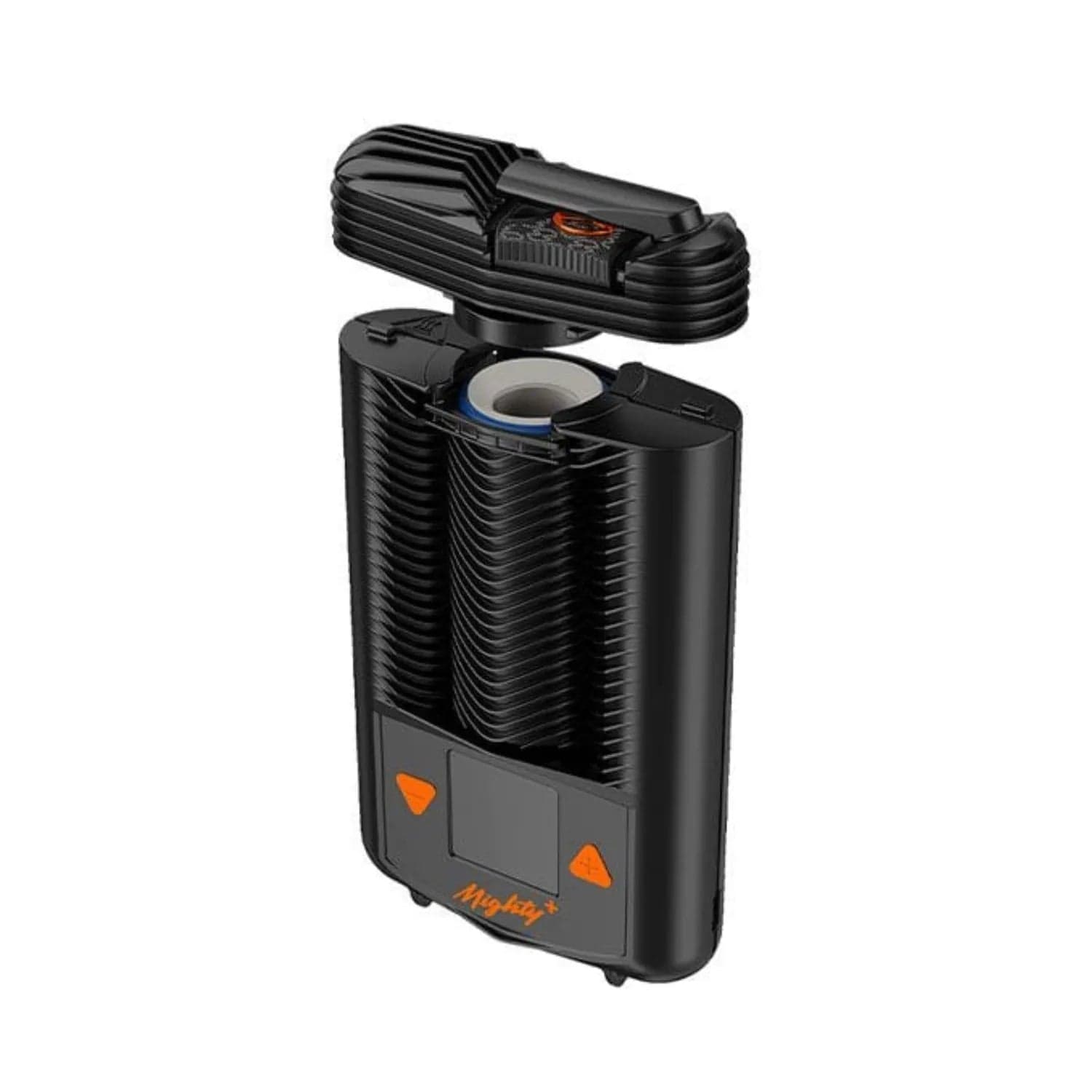 Front view of the Storz & Bickle Mighty+ Portable Vaporizer, a compact, black device with a rounded rectangular shape.