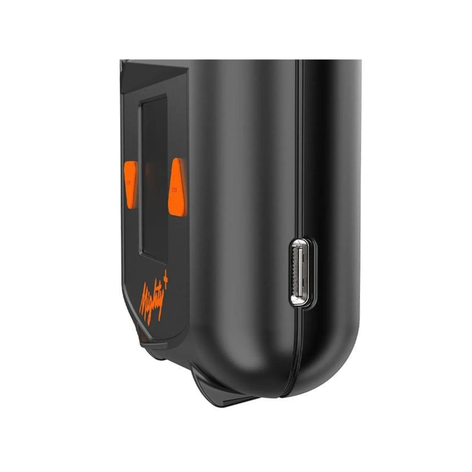Side view of the black Storz & Bickle Mighty+ Portable Vaporizer, showing button details and its compact design.