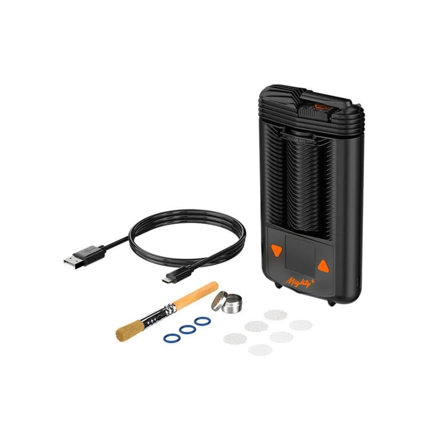 A slightly angled overhead shot of the Storz & Bickle Mighty+ Portable Vaporizer, its black casing shown with included accessories on a white surface.