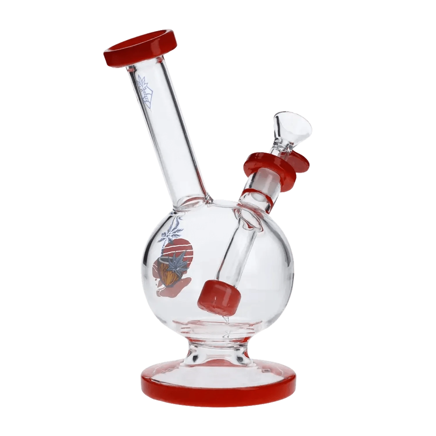A studio shot of the 7-inch Cabana Cannabis Co. Water Pipe, featuring a red accent and clear glass construction.