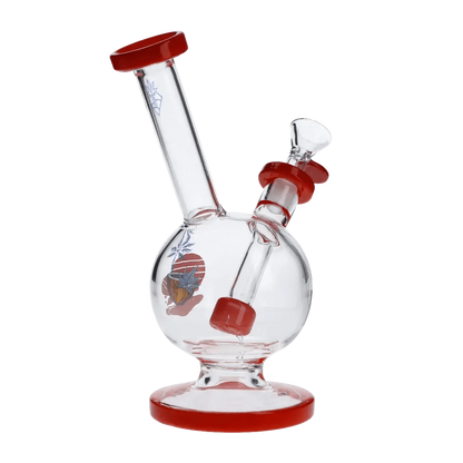 A studio shot of the 7-inch Cabana Cannabis Co. Water Pipe, featuring a red accent and clear glass construction.