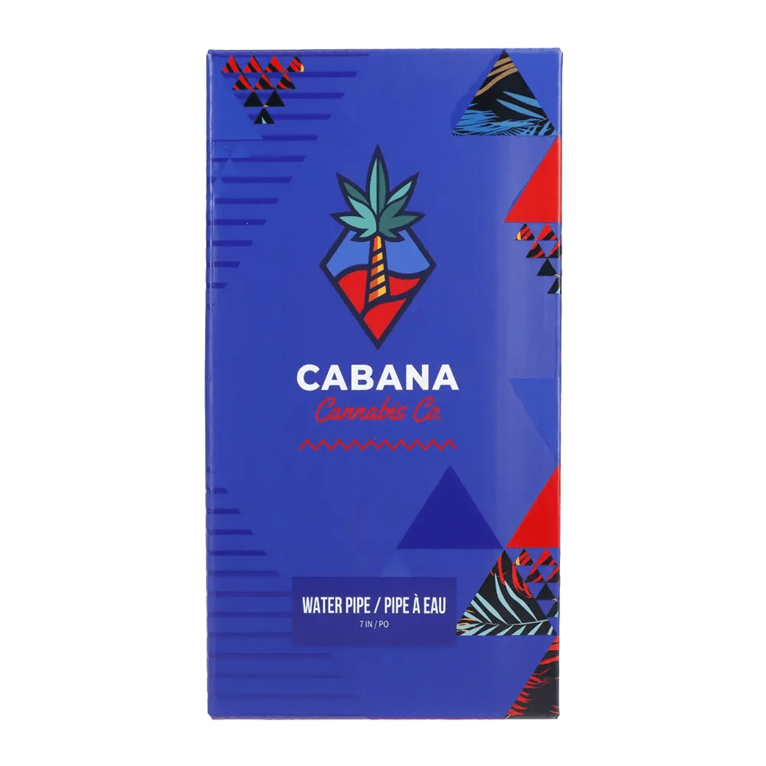 Front view of the 7-inch red Cabana Cannabis Co. Water Pipe, with a triangular design against a dark backdrop.