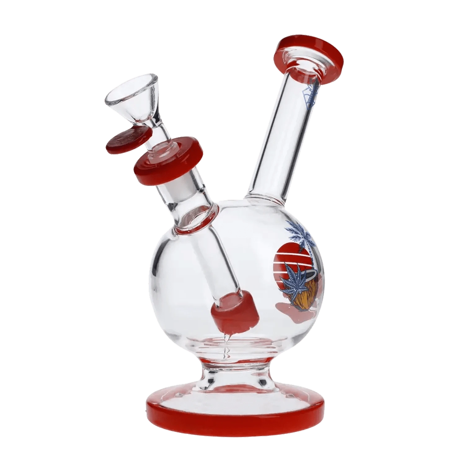 A front view of the 7-inch Cabana Cannabis Co. Water Pipe in red, showcasing its clear glass construction and simple design.