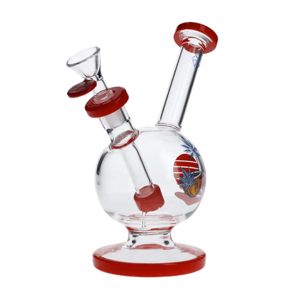 A front view of the 7-inch Cabana Cannabis Co. Water Pipe in red, showcasing its clear glass construction and simple design.