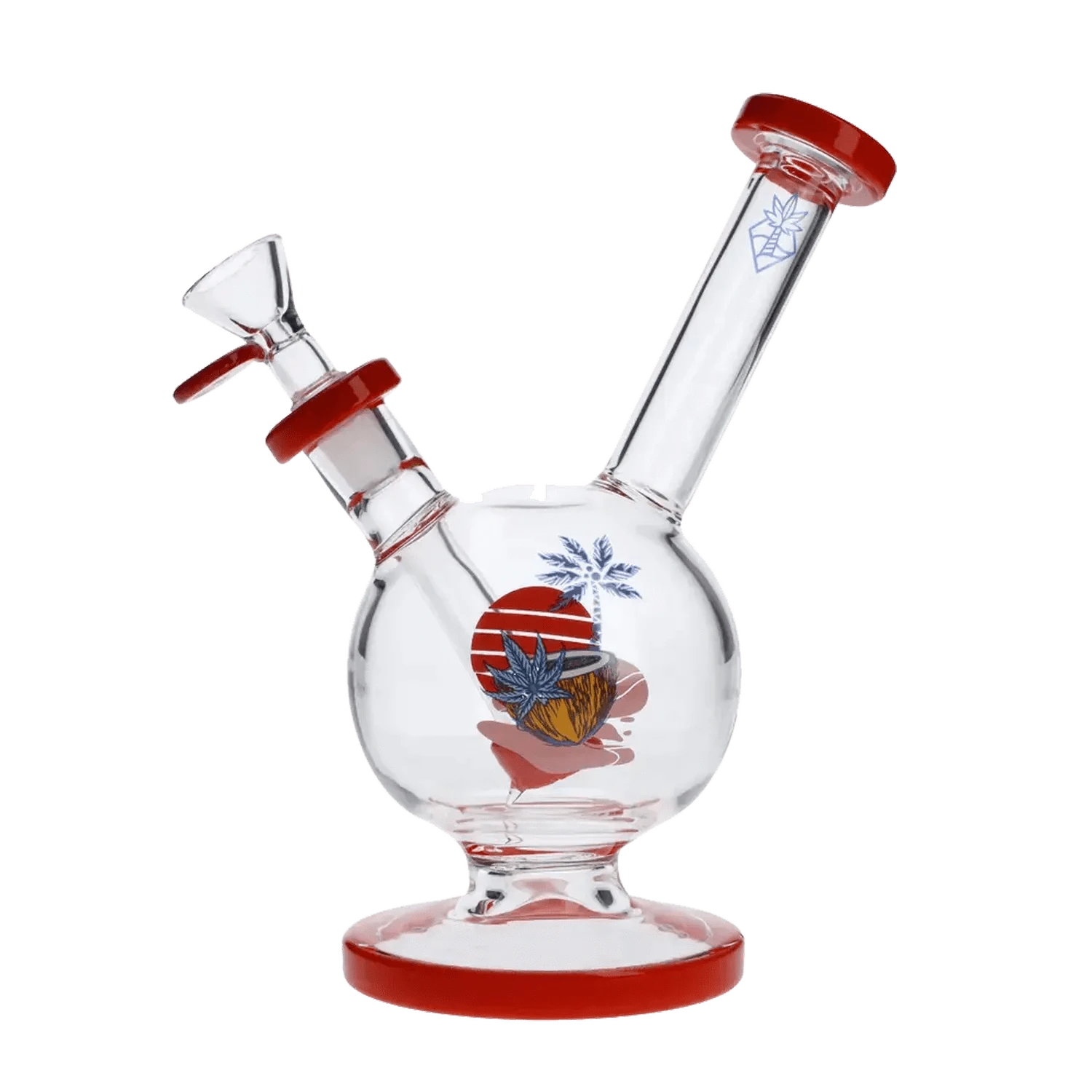 A front view of the 7-inch Cabana Cannabis Co. Water Pipe, featuring a red accent and classic beaker shape.