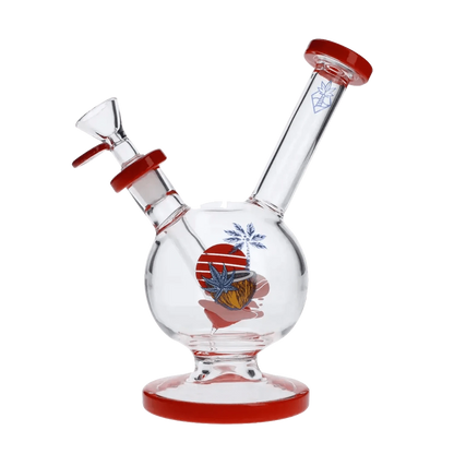 A front view of the 7-inch Cabana Cannabis Co. Water Pipe, featuring a red accent and classic beaker shape.