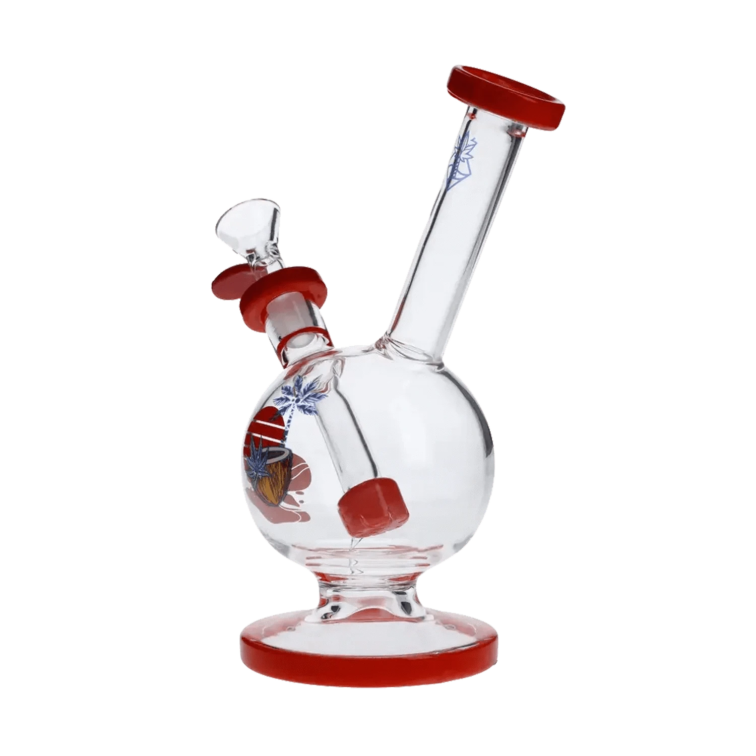 A studio shot of the 7-inch Cabana Cannabis Co. Water Pipe with a red accent, angled to showcase its clear glass construction.