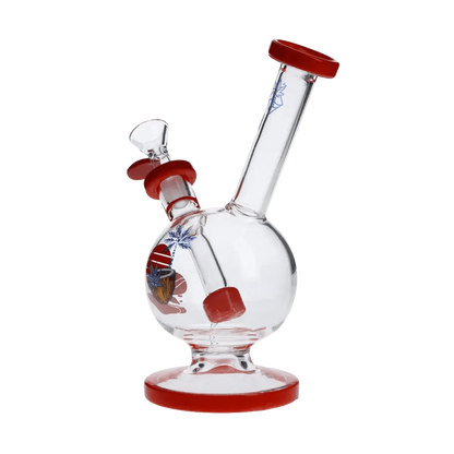 A studio shot of the 7-inch Cabana Cannabis Co. Water Pipe with a red accent, angled to showcase its clear glass construction.