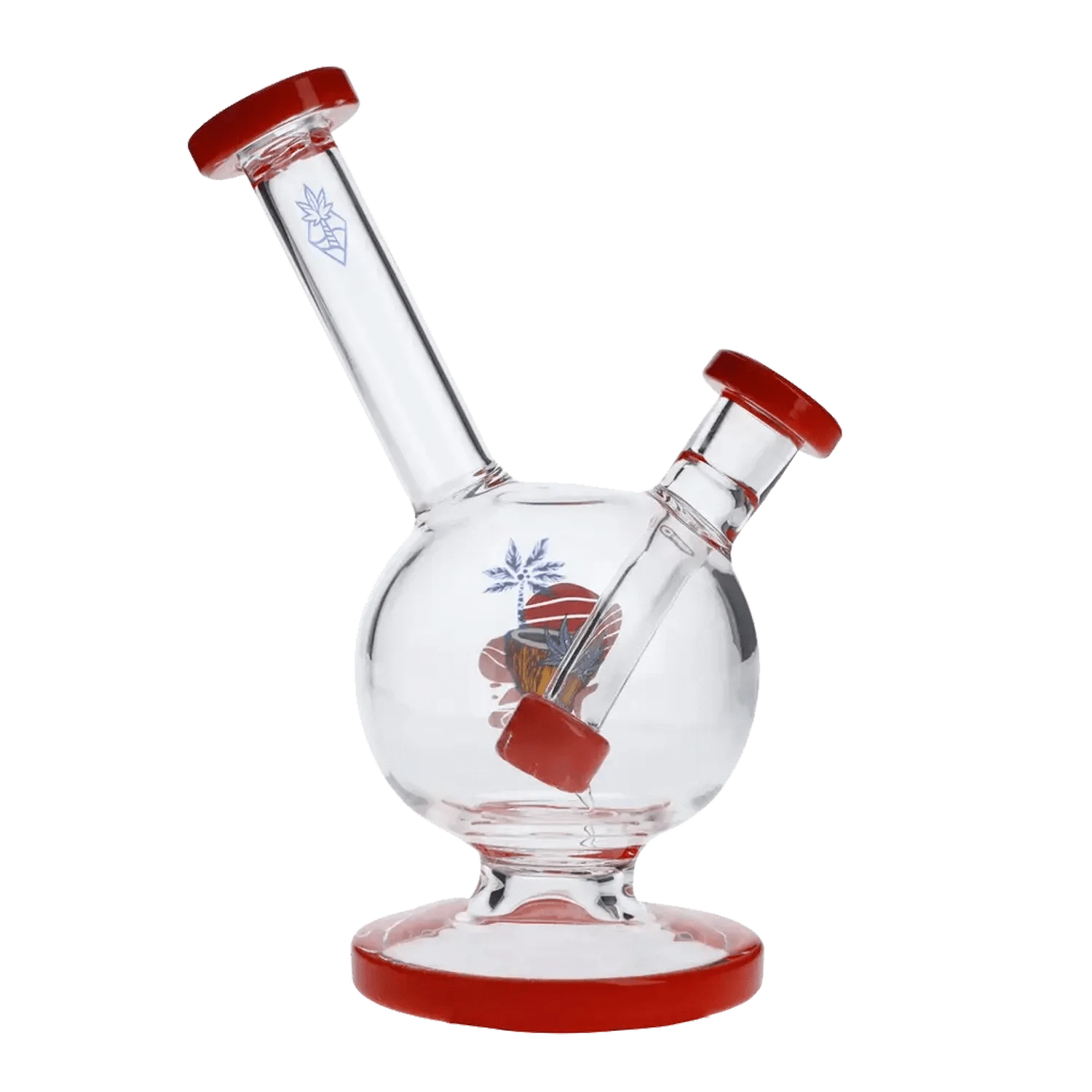 A front view of the 7-inch Cabana Cannabis Co. Water Pipe with a vibrant red accent on its clear glass body.