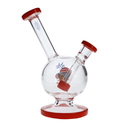 A front view of the 7-inch Cabana Cannabis Co. Water Pipe with a vibrant red accent on its clear glass body.