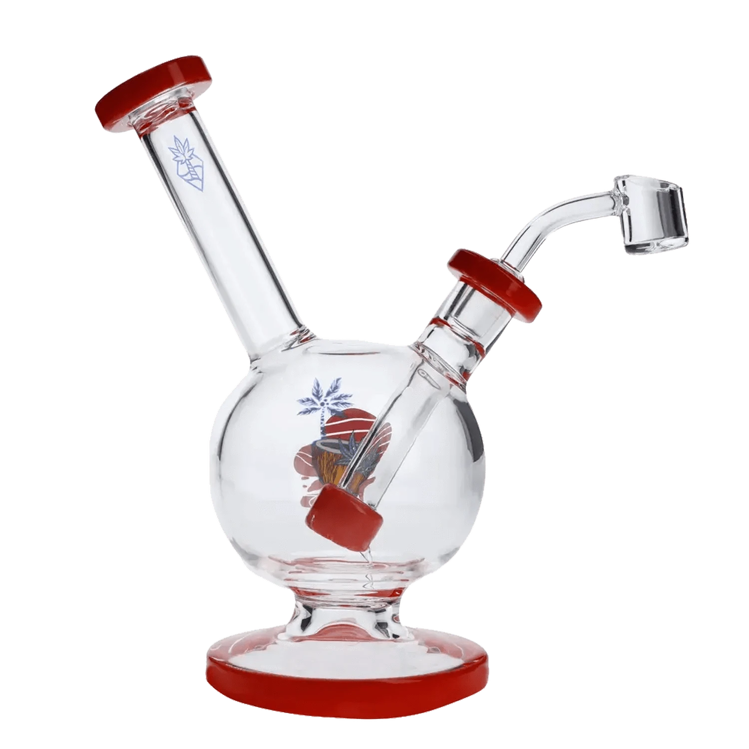 A studio shot of the 7-inch Cabana Cannabis Co. Water Pipe, showcasing its red accents and classic beaker shape.