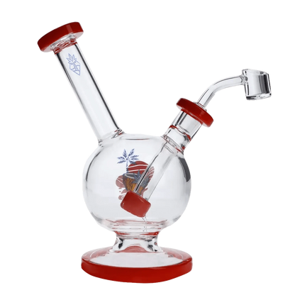 A studio shot of the 7-inch Cabana Cannabis Co. Water Pipe, showcasing its red accents and classic beaker shape.