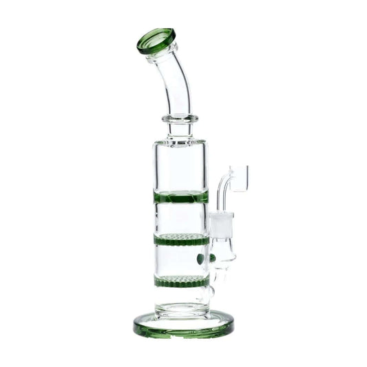 Front view of the 9.5-inch Valiant Bent Neck Dab Rig, featuring green glass and a triple honeycomb perc.