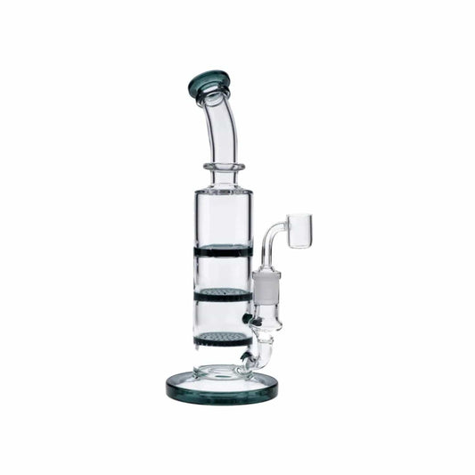 A front view of the 9.5-inch Valiant Bent Neck Dab Rig with triple honeycomb, showcasing its teal glass construction.