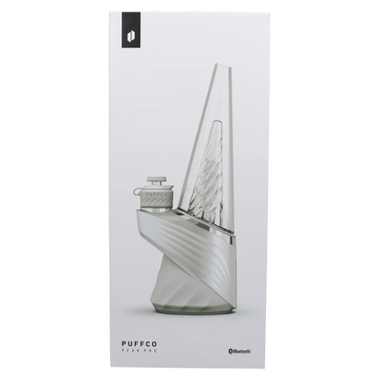 Front view of the Puffco Peak Pro - Pearl, showing a sleek, pearl-colored device angled against a dark backdrop.