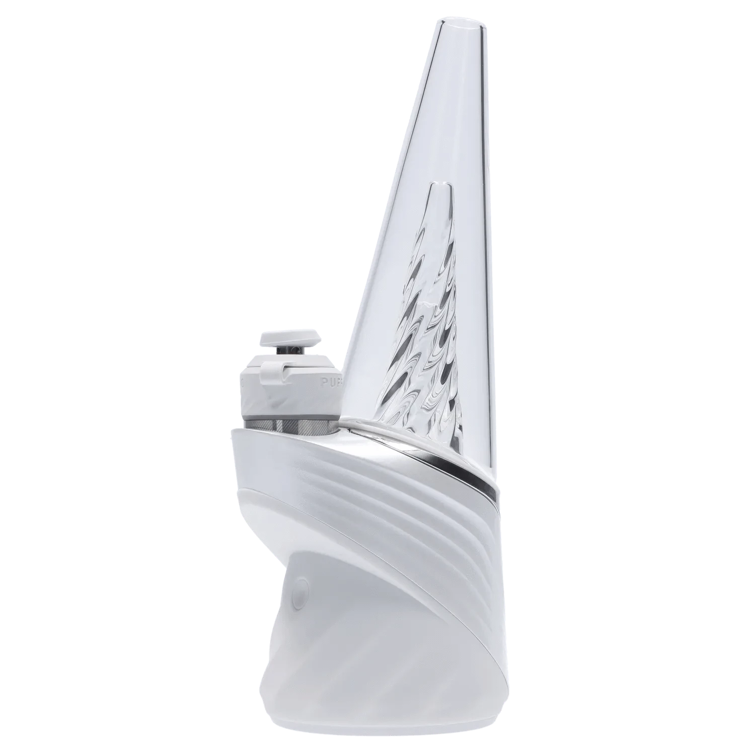 Front view of the Puffco Peak Pro - Pearl, a sleek, pearlescent glass vaporizer with a modern, minimalist design.